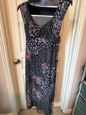 Black Floral Maxi Dress with Pink and Blue Floral Accents